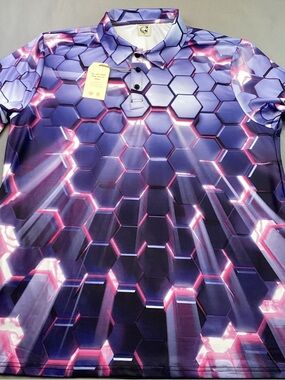Hardaddy Mens Golf Polo 3D Abstract Purple & Pink Hexagon Geometric Print XL NWT